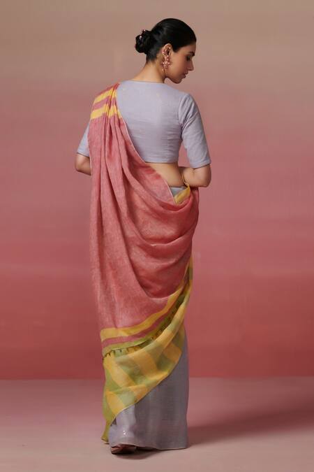 Shop Dressfolk Multi Color Linen V-neck Multi-coloured Handloom Saree Set at Aza Fashions Shop_Dressfolk_Multi Color Linen V-neck Multi-coloured Handloom Saree Set_at_Aza_Fashions