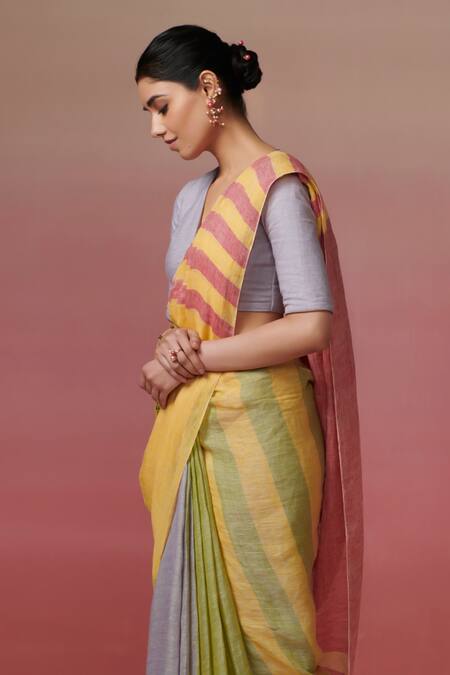 Buy Dressfolk Multi Color Linen V-neck Multi-coloured Handloom Saree Set Buy_Dressfolk_Multi Color Linen V-neck Multi-coloured Handloom Saree Set