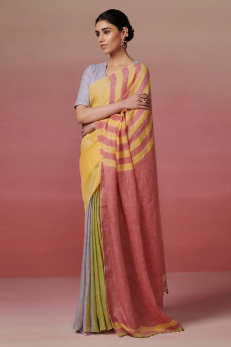 Shop Dressfolk Multi Color Linen V-neck Multi-coloured Handloom Saree Set Shop_Dressfolk_Multi Color Linen V-neck Multi-coloured Handloom Saree Set