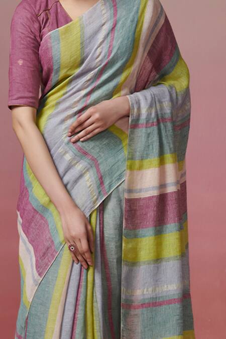Dressfolk_Multi Color Linen V-neck Multi-color Handloom Saree And Blouse_at_Aza_Fashions