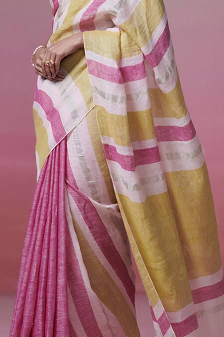Dressfolk_Magenta Linen Round Neck And Lime Striped Handloom Saree_at_Aza_Fashions
