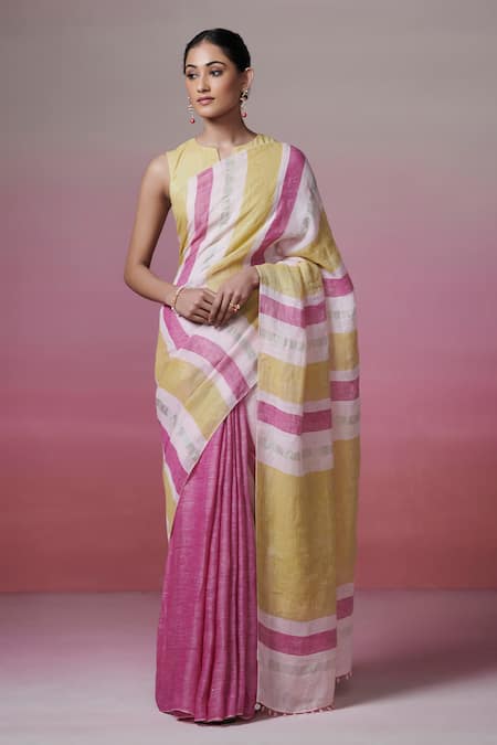 Dressfolk Magenta & Lime Striped Handloom Saree 