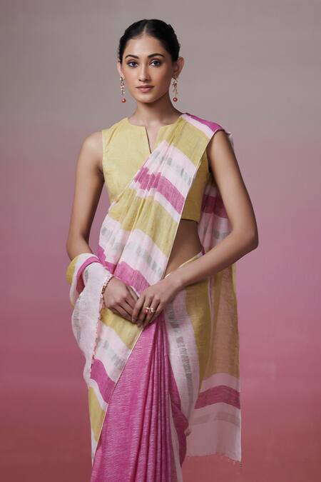 Buy_Dressfolk_Magenta Linen Round Neck And Lime Striped Handloom Saree