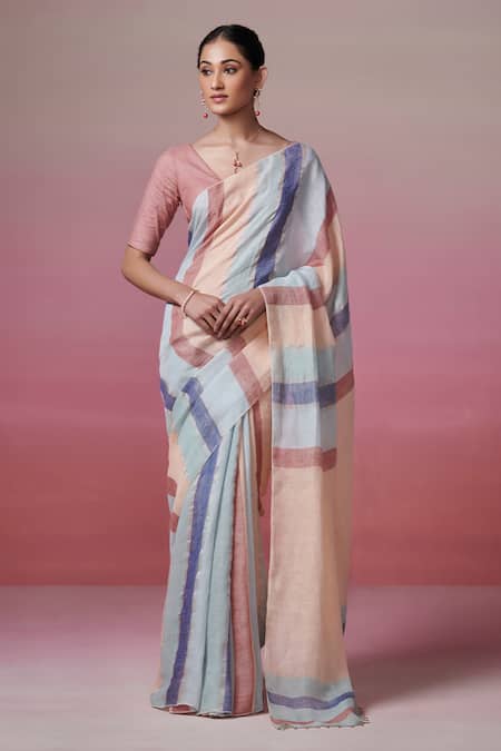 Dressfolk Peach Linen V-neck And Powder Blue Handloom Saree Set