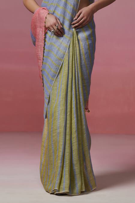 Dressfolk_Green Linen Embroidery Round Neck And Blue Handloom Saree Set_at_Aza_Fashions