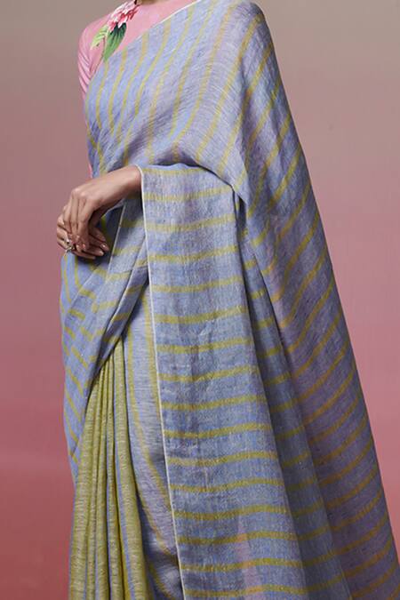 Buy_Dressfolk_Green Linen Embroidery Round Neck And Blue Handloom Saree Set