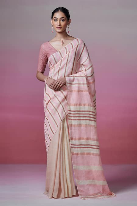 Dressfolk Beige Linen V-neck And Powder Pink Handloom Saree Set