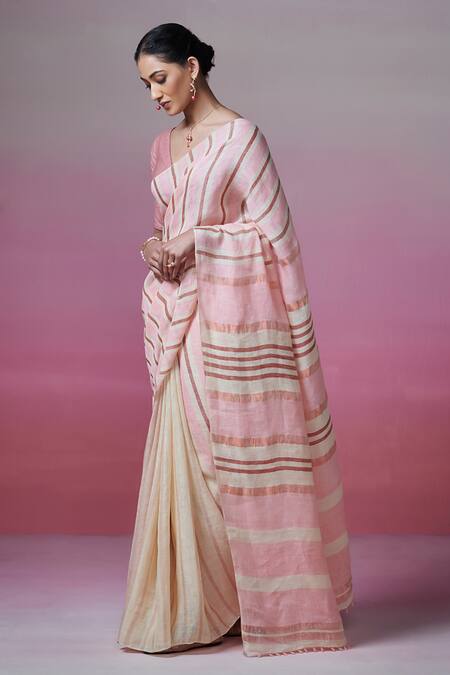 Dressfolk_Beige Linen V-neck And Powder Pink Handloom Saree Set_at_Aza_Fashions