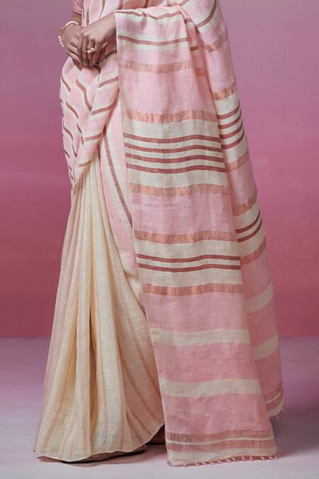 Shop_Dressfolk_Beige Linen V-neck And Powder Pink Handloom Saree Set