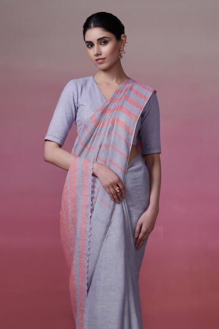 Dressfolk_Blue Linen V-neck Handloom Saree Set_at_Aza_Fashions