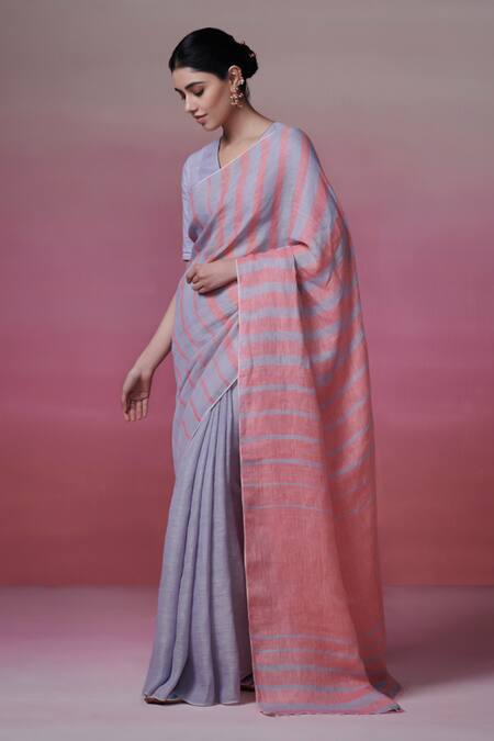 Buy_Dressfolk_Blue Linen V-neck Handloom Saree Set