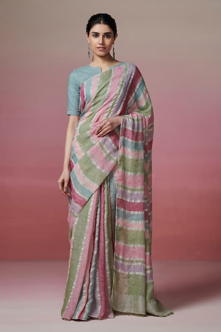 Dressfolk Multi Color Linen Round Neck Handloom Saree And Blouse
