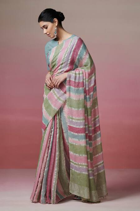 Dressfolk_Multi Color Linen Round Neck Handloom Saree And Blouse_at_Aza_Fashions