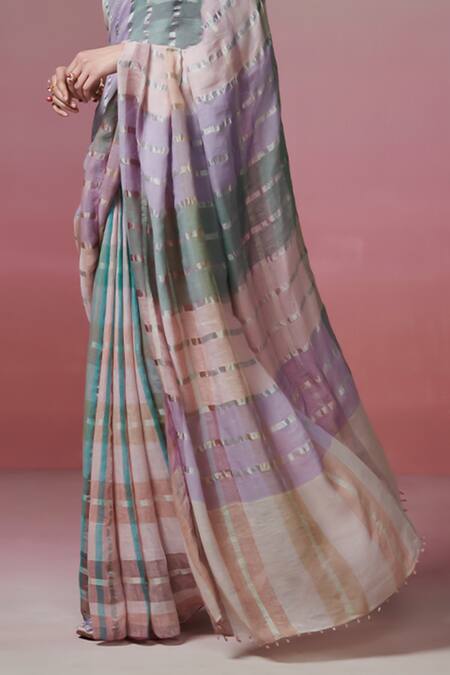 Dressfolk_Multi Color Linen Round Neck Multi-coloured Handloom Saree_at_Aza_Fashions