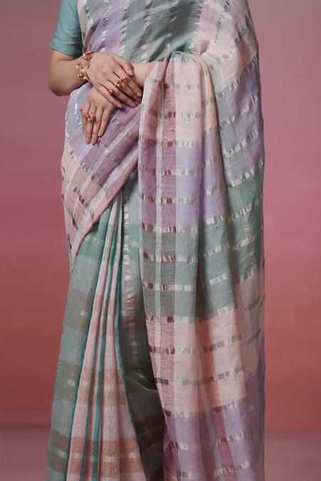 Buy_Dressfolk_Multi Color Linen Round Neck Multi-coloured Handloom Saree