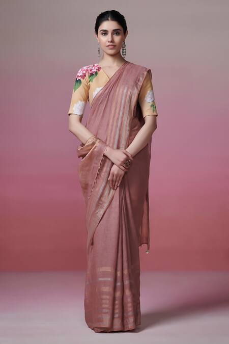 Dressfolk_Pink Linen Embroidery V-neck Handloom Onion Saree Set_at_Aza_Fashions