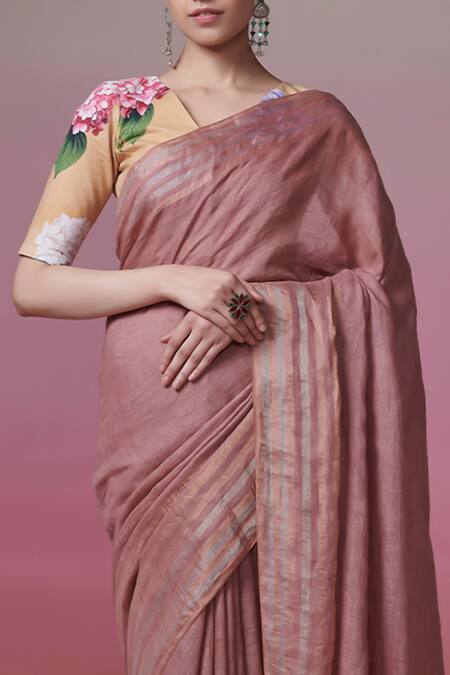 Buy_Dressfolk_Pink Linen Embroidery V-neck Handloom Onion Saree Set