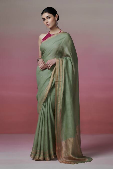 Dressfolk_Green Linen Halter Neck Sage Handloom Saree Set_at_Aza_Fashions