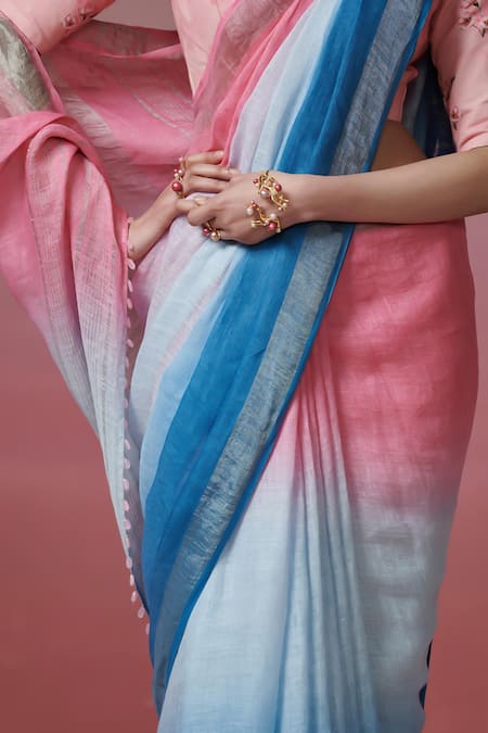 Dressfolk_Multi Color Handloom Cotton, Linen Embroidery V-neck Pink And Blue Saree Set_at_Aza_Fashions