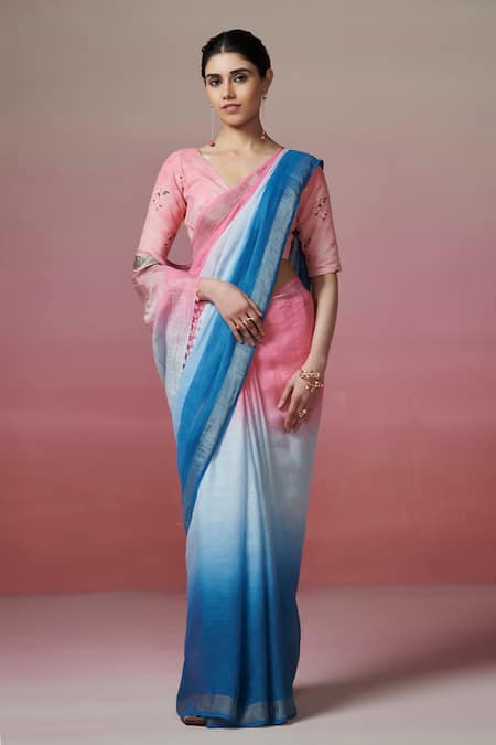 Dressfolk Pink & Blue Handloom Linen Saree Set 