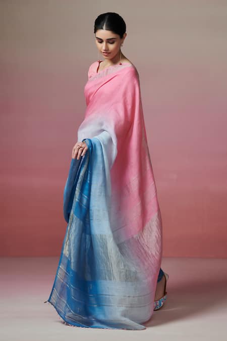 Buy_Dressfolk_Multi Color Handloom Cotton, Linen Embroidery V-neck Pink And Blue Saree Set
