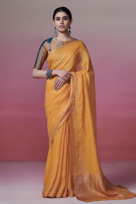 Dressfolk Handloom Linen Yellow Saree With Blouse 