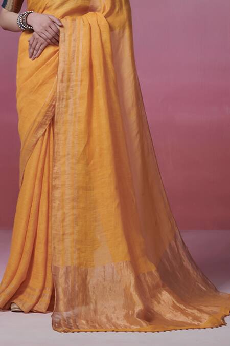 Buy_Dressfolk_Yellow Handloom Cotton, Linen Embroidery Round Neck Saree With Blouse
