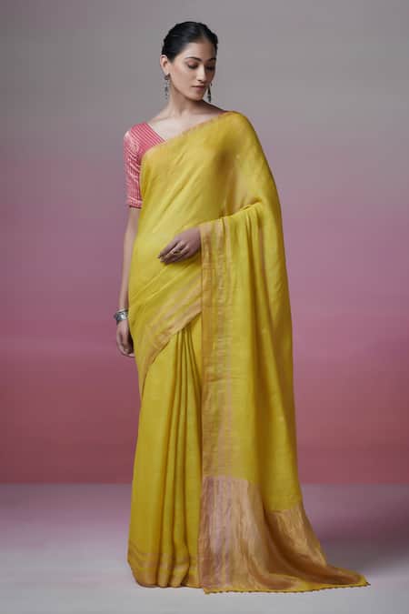Dressfolk Yellow Handloom Linen Saree With Blouse 
