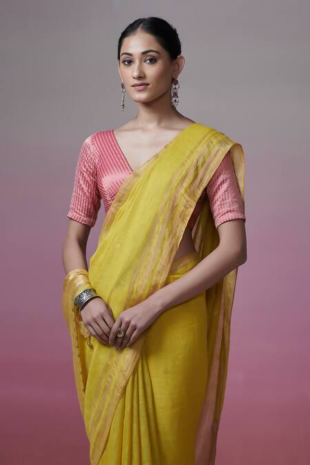 Buy_Dressfolk_Yellow Handloom Cotton Round Neck Linen Saree With Blouse