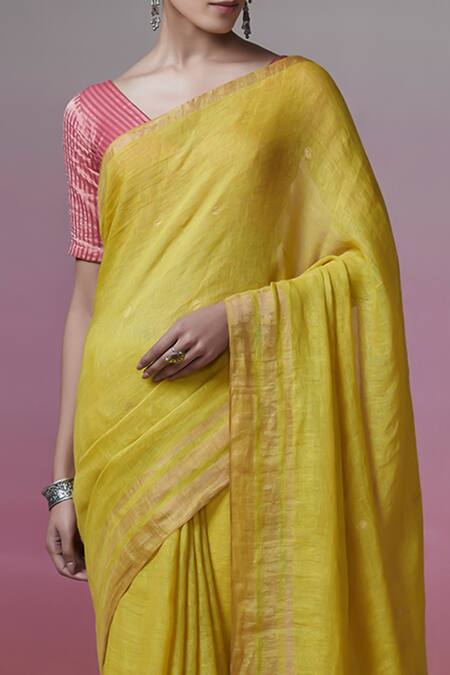 Shop_Dressfolk_Yellow Handloom Cotton Round Neck Linen Saree With Blouse