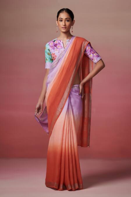 Dressfolk_Multi Color Linen Embroidery Round Neck Light Purple Ombre Handloom Saree_at_Aza_Fashions