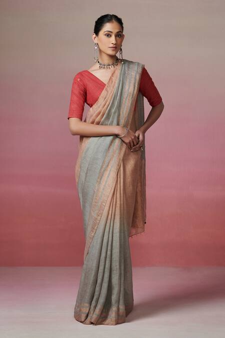 Dressfolk_Gold Linen, Handloom Cotton V-neck And Grey Saree Set_at_Aza_Fashions