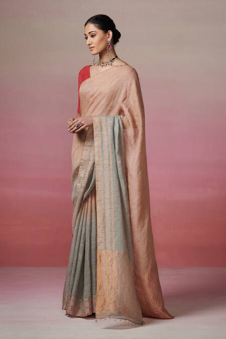 Buy_Dressfolk_Gold Linen, Handloom Cotton V-neck And Grey Saree Set