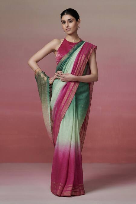 Dressfolk Green Linen Halter Neck Handloom And Magenta Saree Set at Aza Fashions Dressfolk_Green Linen Halter Neck Handloom And Magenta Saree Set_at_Aza_Fashions