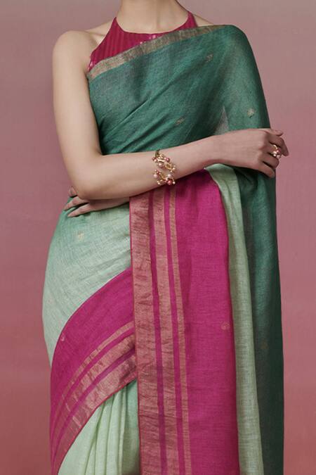 Buy Dressfolk Green Linen Halter Neck Handloom And Magenta Saree Set Buy_Dressfolk_Green Linen Halter Neck Handloom And Magenta Saree Set