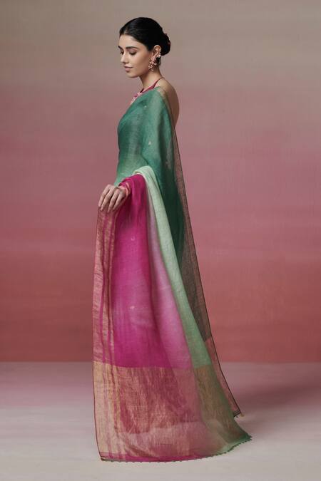 Shop Dressfolk Green Linen Halter Neck Handloom And Magenta Saree Set Shop_Dressfolk_Green Linen Halter Neck Handloom And Magenta Saree Set