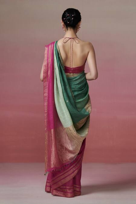 Shop Dressfolk Green Linen Halter Neck Handloom And Magenta Saree Set at Aza Fashions Shop_Dressfolk_Green Linen Halter Neck Handloom And Magenta Saree Set_at_Aza_Fashions