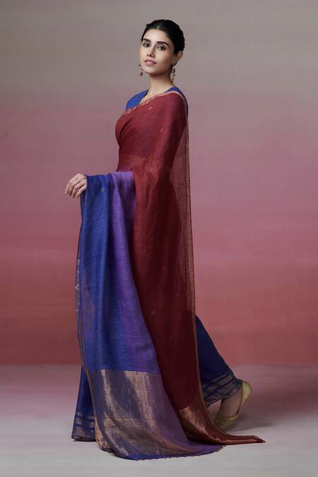 Dressfolk Maroon Linen V-neck And Blue Handloom Saree Set at Aza Fashions Dressfolk_Maroon Linen V-neck And Blue Handloom Saree Set_at_Aza_Fashions