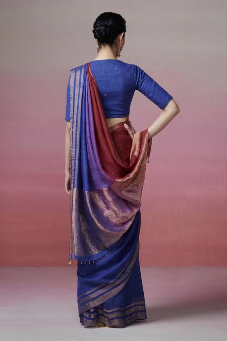 Shop Dressfolk Maroon Linen V-neck And Blue Handloom Saree Set at Aza Fashions Shop_Dressfolk_Maroon Linen V-neck And Blue Handloom Saree Set_at_Aza_Fashions