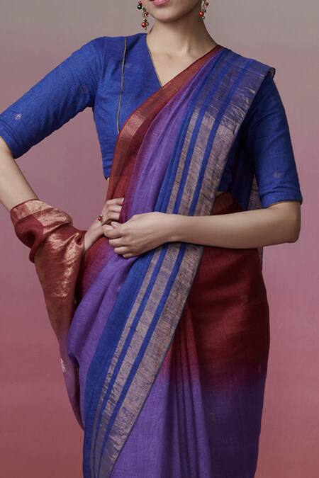 Buy Dressfolk Maroon Linen V-neck And Blue Handloom Saree Set Buy_Dressfolk_Maroon Linen V-neck And Blue Handloom Saree Set