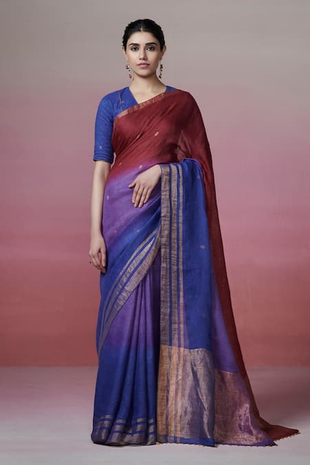 Dressfolk Maroon Linen V-neck And Blue Handloom Saree Set 