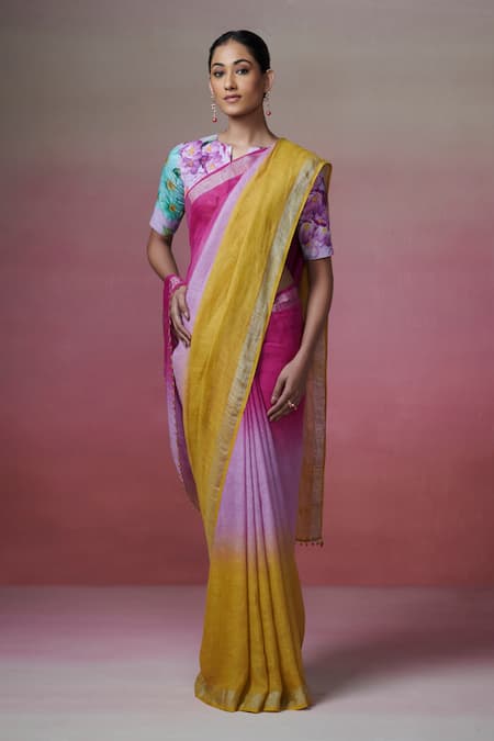 Dressfolk_Multi Color Linen Round Neck Magenta Handloom Saree Set_at_Aza_Fashions
