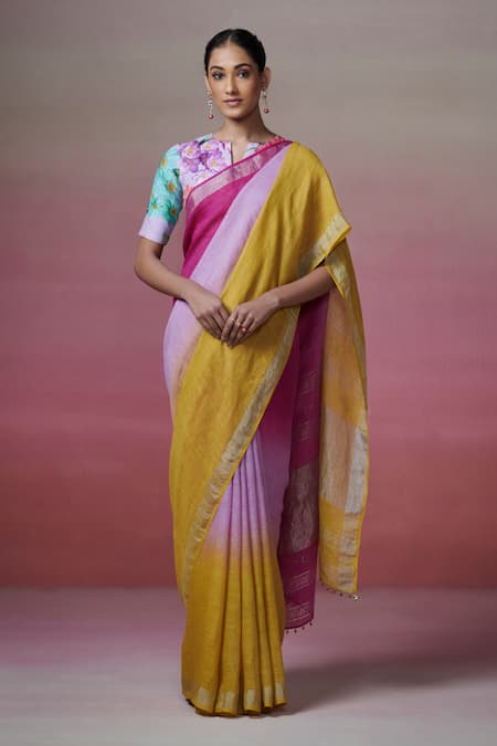 Dressfolk Multi Color Linen Round Neck Magenta Handloom Saree Set 