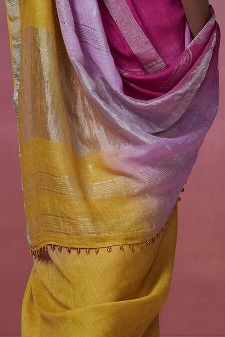 Shop_Dressfolk_Multi Color Linen Round Neck Magenta Handloom Saree Set