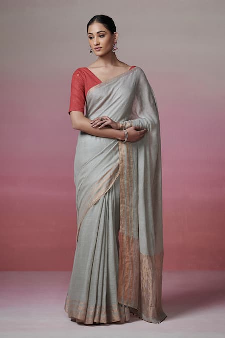 Dressfolk Gray Linen V-neck Grey Handloom Saree Set 