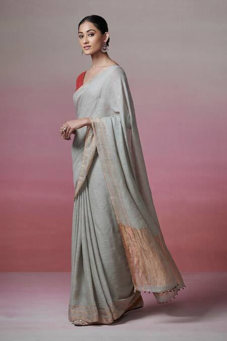 Dressfolk_Gray Linen V-neck Grey Handloom Saree Set_at_Aza_Fashions
