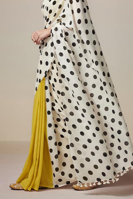 Dressfolk_Yellow Handloom Cotton V-neck And White Polka Dot Saree_at_Aza_Fashions