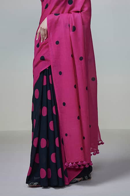 Dressfolk_Magenta Handloom Cotton Square Neck Polka Dot Saree_at_Aza_Fashions