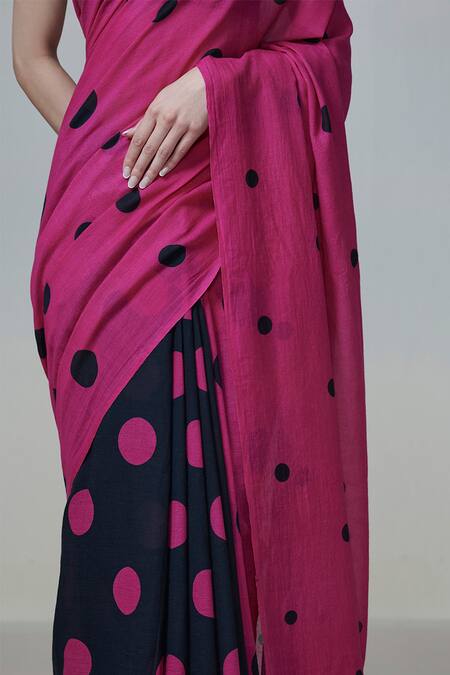 Buy_Dressfolk_Magenta Handloom Cotton Square Neck Polka Dot Saree