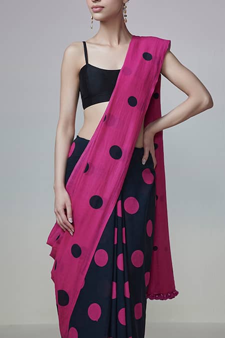 Shop_Dressfolk_Magenta Handloom Cotton Square Neck Polka Dot Saree